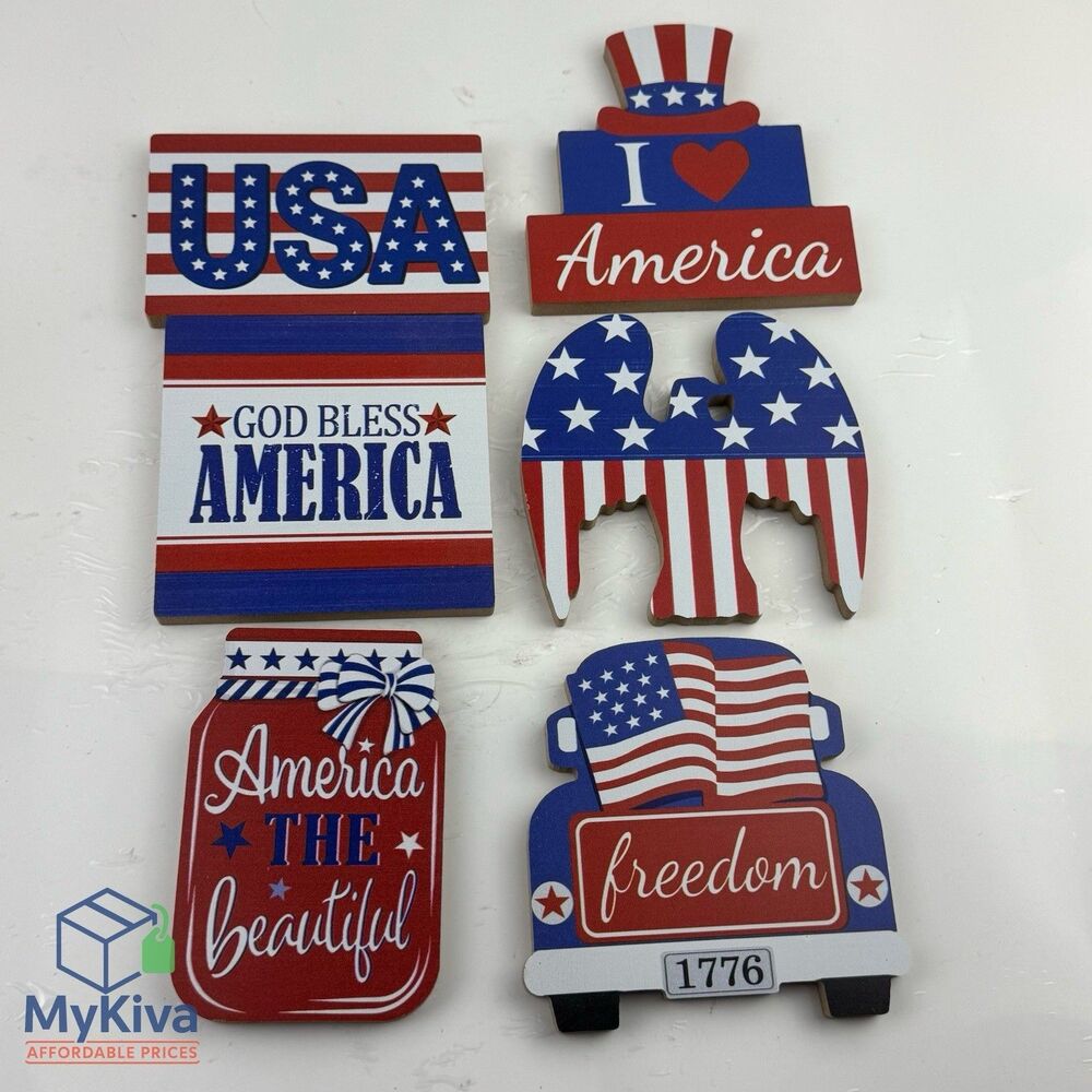 Patriotic wooden mini signs USA 4th of July Americana tiered tray decor set of 6